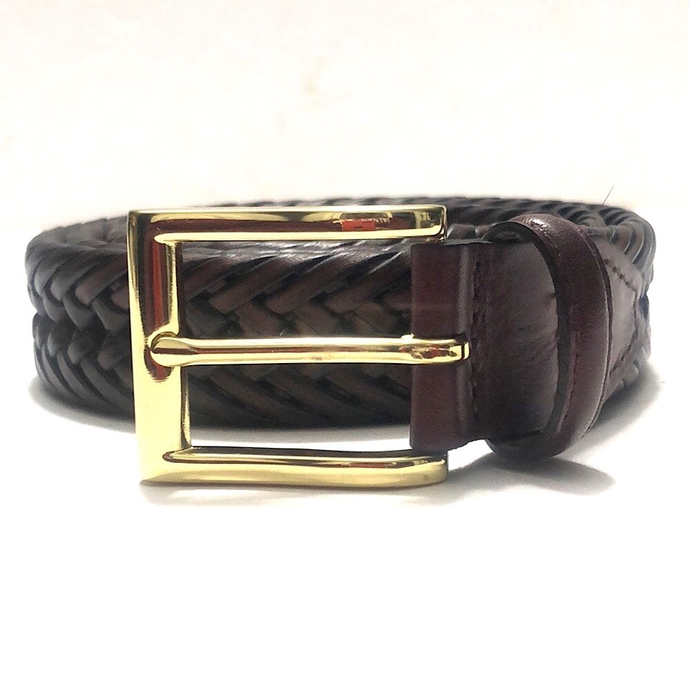 Men’s Brown Square Gold Buckle Braided Leather Belt size 38